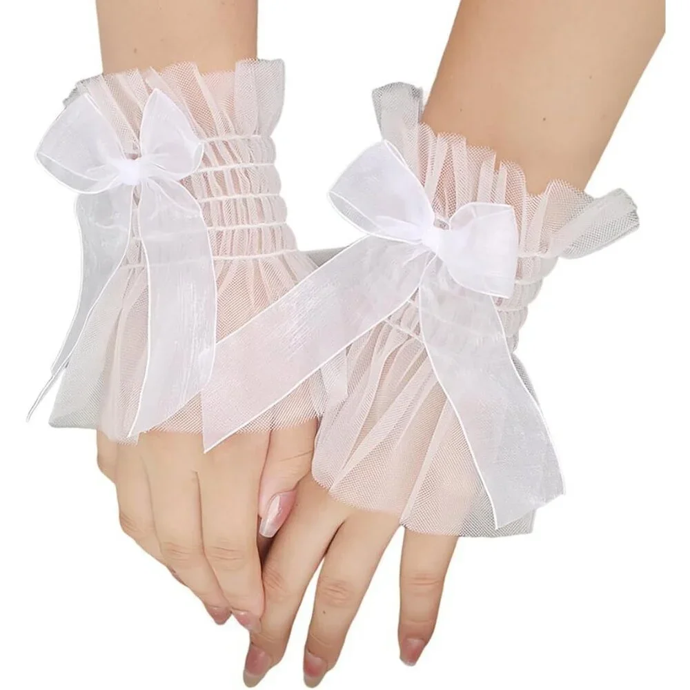 Women's Bow Lace White Wrist Cuff Hand Sleeve Gloves Wedding Party Decoration
